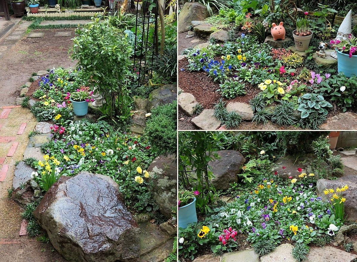 １⃣庭先メインの花で彩る花壇コーナー 📷左：今年幾度も拡張して広がった２つの花壇  