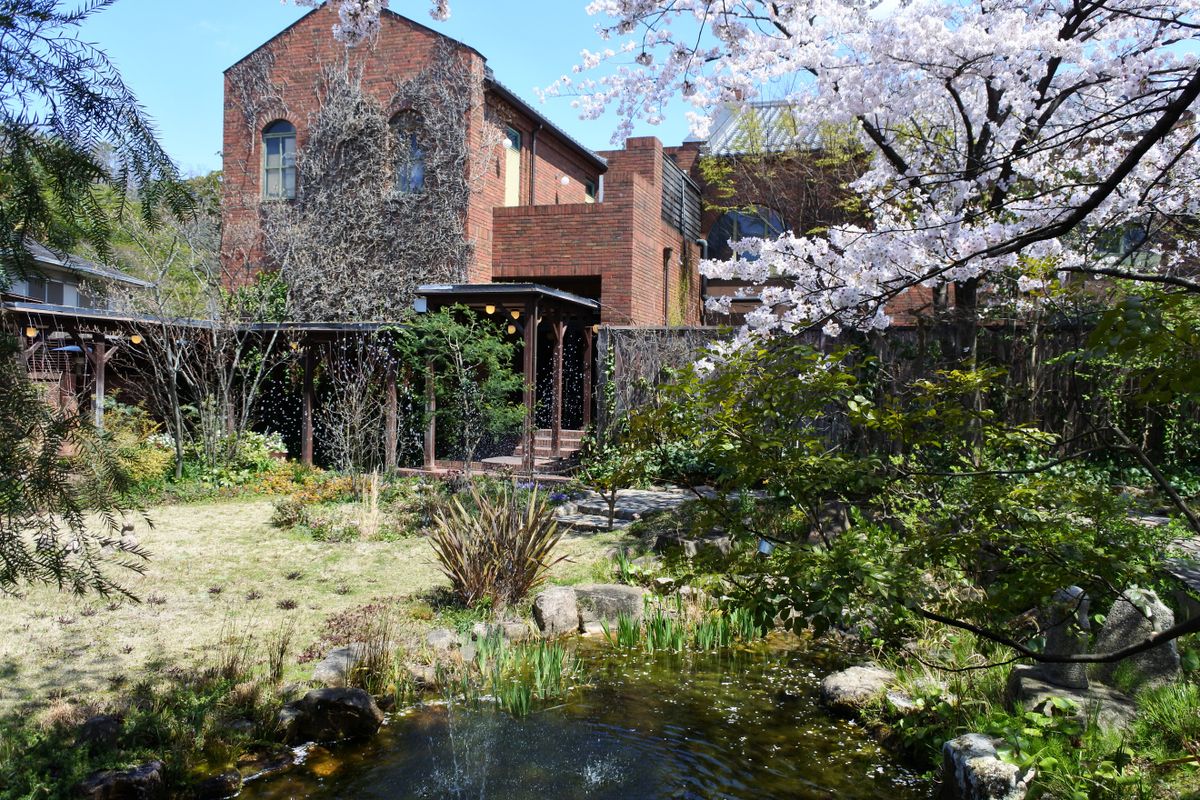 クラブハリエ 八幡山カフェ中庭から 洋菓子店の中を突っ切ると、カフェに出ます。