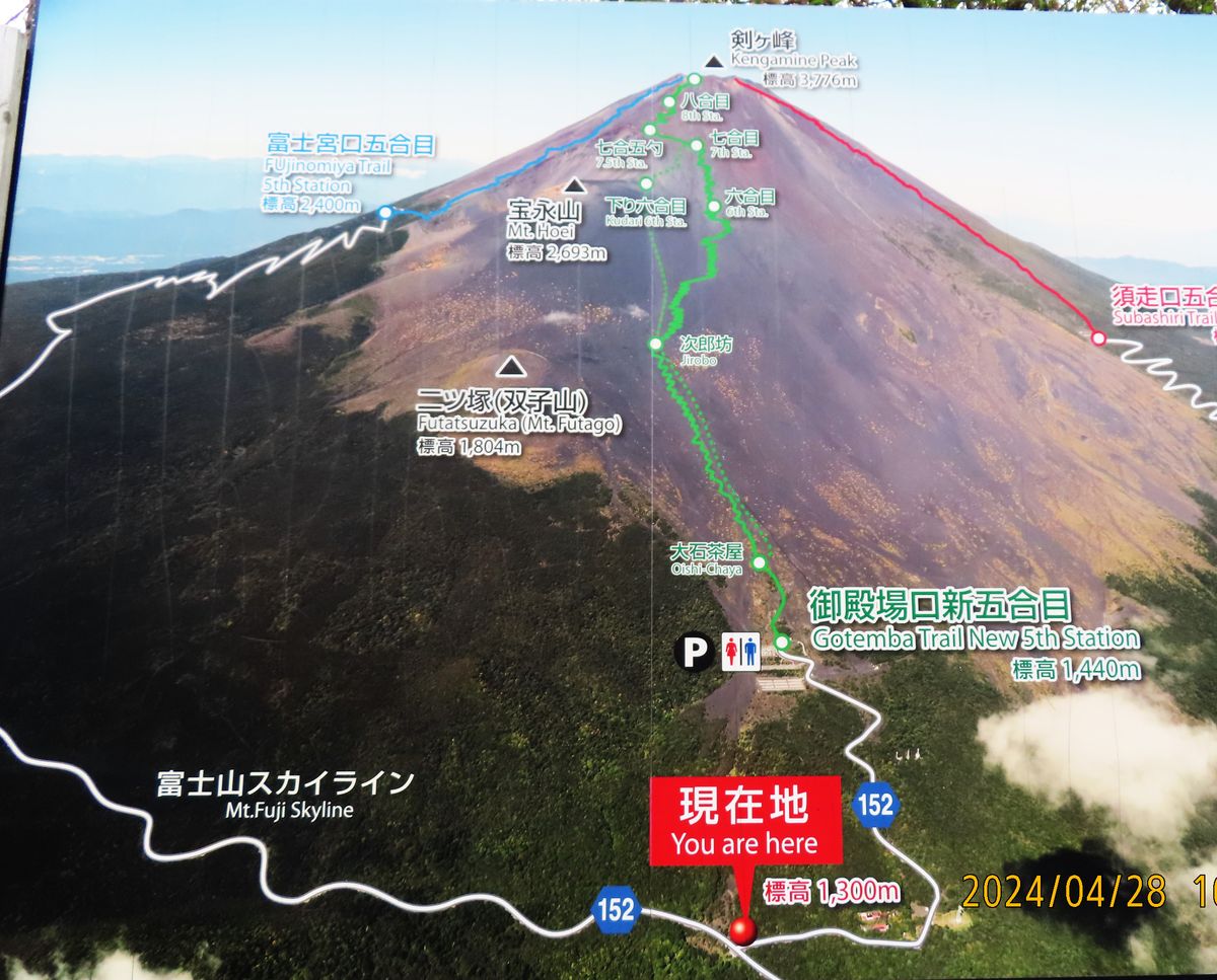 富士山の案内板 １６時５８分。まだ🌞は出ているし、往路ではガスで見えなかった富士山