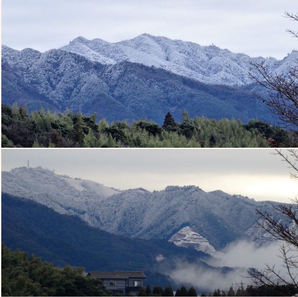 周辺の山々が薄っすら雪化粧の日